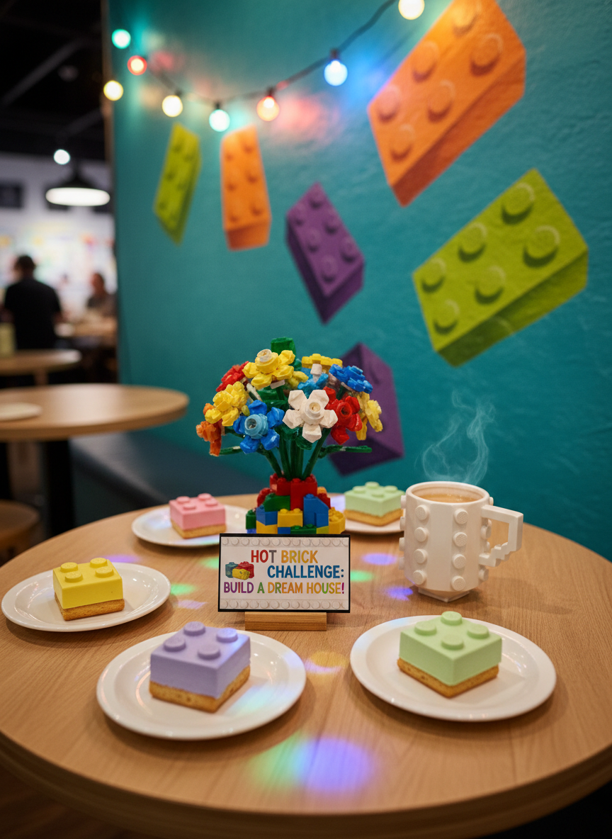 A detailed vignette of a small, round table topped with a LEGO-themed centerpiece: a cheerful, blocky brick-built flower arrangement and a miniature sign advertising the next LEGO building challenge. Around the centerpiece are plates with brightly frosted pastries styled like individual LEGO bricks, and a quirky, angular mug. The table sits beside a vibrant, painted feature wall with a mural of oversized, tumbling LEGO bricks. Overhead, colorful LED string lights create a spirited, festive atmosphere with lively color accents. Shot from a close, slightly angled perspective, the composition feels intimate and dynamic, encapsulating the sense of shared community and playful interaction unique to Hot Brick.