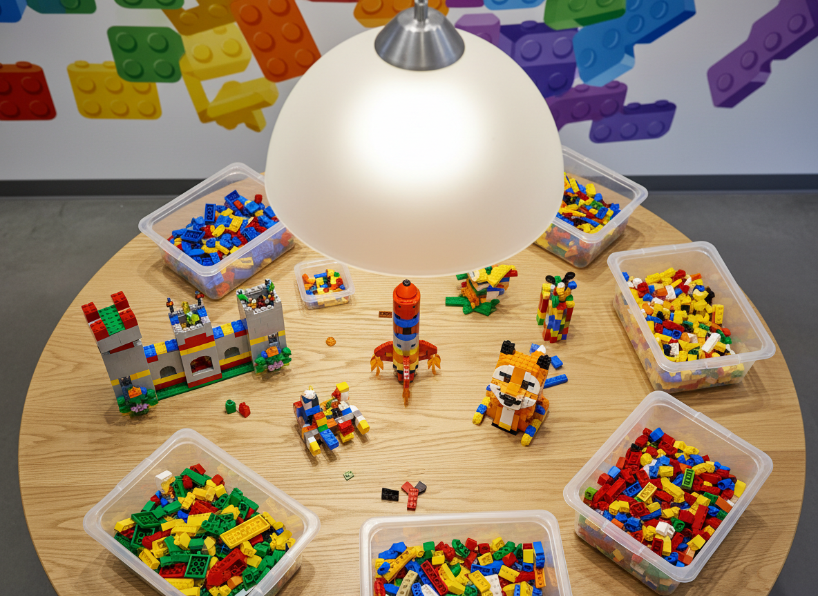 An inviting, rounded display table constructed from smooth, light oak wood, covered with open containers of vividly colored LEGO bricks—brilliant reds, sunny yellows, electric blues, and grassy greens. Creative, half-built LEGO structures—castles, rockets, cartoonish animals—pop up sporadically among the containers. The table is positioned under a dome-shaped frosted pendant light that radiates a soft, diffuse glow, highlighting the plastic’s glossy finish and casting playful, curved shadows. The background is subtly blurred, showing a colorful mural wall depicting abstract brick patterns. Framed from an overhead, bird’s-eye view, the composition is visually dynamic and captures the community and creativity at the core of Hot Brick’s playful spirit.