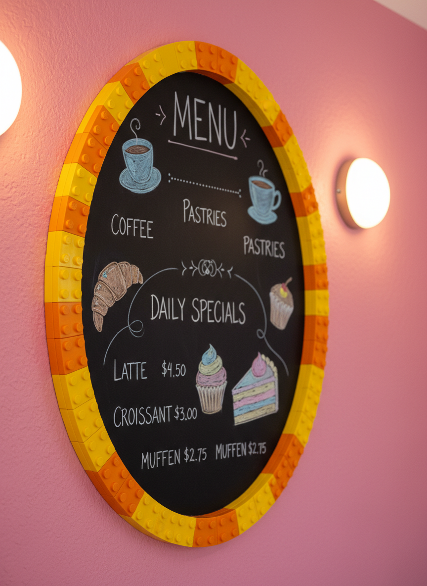 A whimsical, rounded chalkboard menu, framed by oversized, interlocking LEGO brick borders in bright orange and yellow. The matte black chalk surface features delicately hand-drawn illustrations of coffee cups and pastries with colored chalks. The menu is mounted against a vibrantly painted, bubblegum-pink accent wall with circular wall sconces glowing warmly on each side, creating inviting pools of soft, ambient light. The composition uses the rule of thirds, with the chalkboard slightly off-center, allowing for a splash of background color. The lighting and playful composition suggest an energetic, welcoming mood, mirroring the cafe’s fun and imaginative identity.