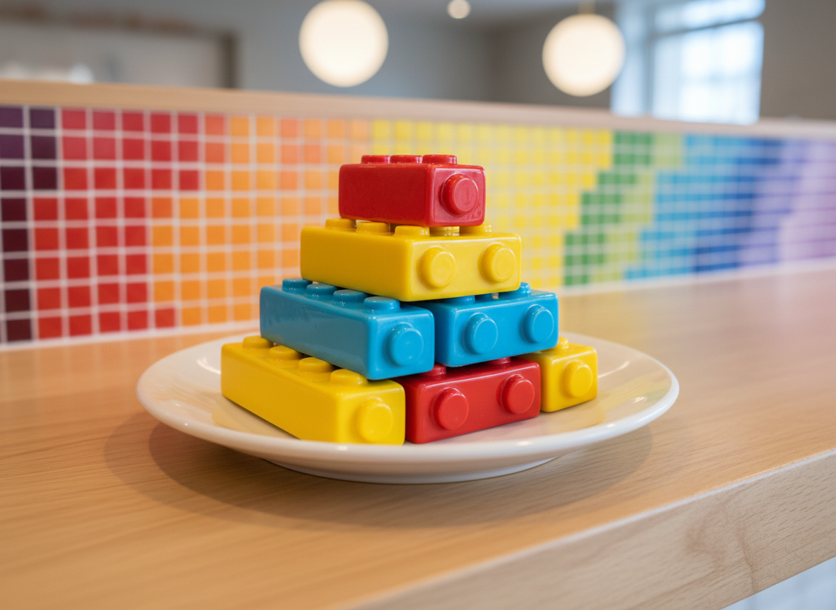 A detailed close-up of a glossy, colorfully stacked pyramid of LEGO-inspired pastries—bright yellow, blue, and red rectangular treats with embossed ‘stud’ details mimicking bricks, arranged neatly on a gently rounded white porcelain plate. The setting is a curved, natural wood counter backed by lively, rainbow-colored tiles. Soft but vibrant pendant lighting from above creates lively reflections on the pastries and casts subtle, rounded shadows, enhancing their playful texture. The camera is positioned at an eye-level, shallow depth of field to focus crisply on the treats. The mood is energetic and celebratory, aligned with the cafe’s whimsical, community-driven theme, rendered in a bright, cheerful visual style.