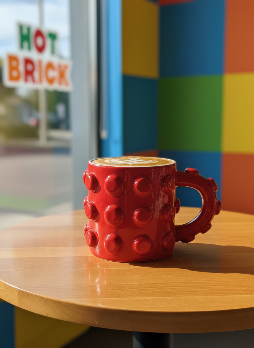 A playful, oversized mug designed from glossy, bright red LEGO brick-like ceramics, filled with creamy latte art, resting on a rounded, polished maple-wood table. The mug features whimsical LEGO-style studs along its handle and base. Sunlight pours in through large cafe windows, casting dynamic, cheerful highlights and gently glowing reflections off the mug’s surface. Energetic atmosphere with vibrant, color-blocked walls in the background, softly blurred for depth. Framed from a slightly elevated, three-quarters angle with the mug centered for an inviting, friendly focus. Artistic style is vibrant, playful, and whimsical, bringing the Hot Brick cafe’s joyful, community spirit to life.